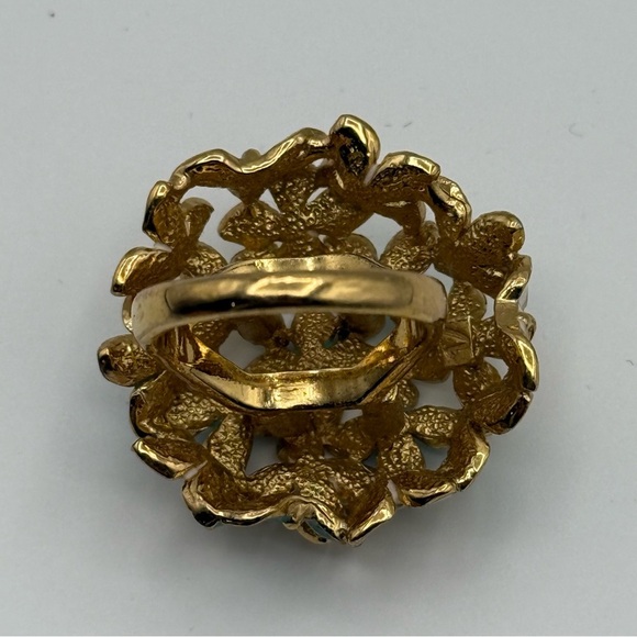 Elegant Gold-tone Turquoise & White Flower Floral Rhinestone Ring Bouquet - Picture 7 of 8